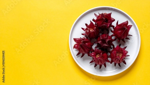 White plate with eight red roselle calyces and five more on bright yellow background—vivid tropical contrast.