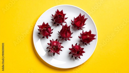 White plate with eight red roselle calyces and five more on bright yellow background—vivid tropical contrast.