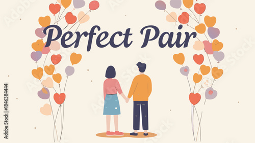 A loving couple stands hand in hand beneath a vibrant heart shaped balloon arc in pastel shades on a soft pink background