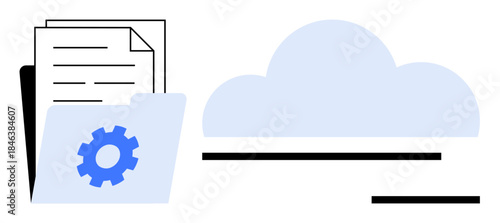 Cloud computing, data management, file sharing, digital storage, technology solutions, organization. A folder with documents and gear icon next to a cloud. Cloud computing and data management concept