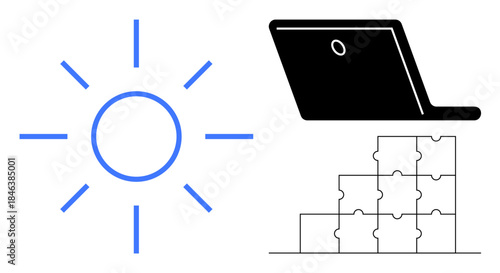 Technology concept. Technology by a laptop, sun icon, and puzzle, innovation, problem-solving, and connectivity. Technology in sustainability, education teamwork design strategy and creativity
