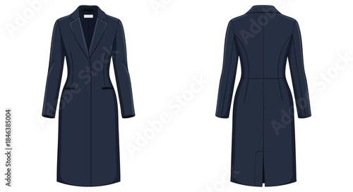 Elegant navy overcoat design showcases front and back view with tailored details and professional appeal creating a sophisticated style statement
