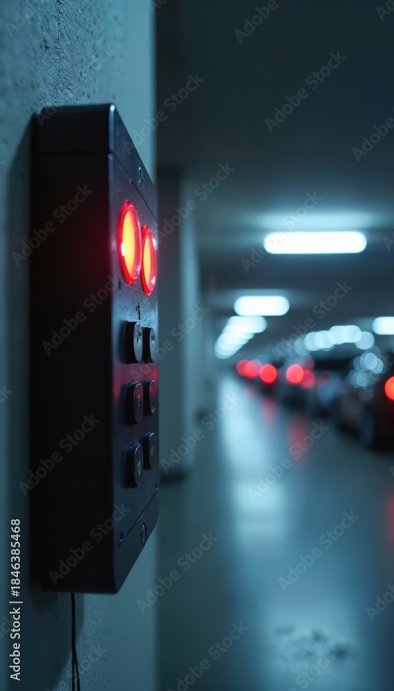 Fototapeta premium Control panel with red indicator lights mounted on wall in dimly lit underground parking garage. Rows of cars and fluorescent lights extend into blurred background suggesting urban infrastructure.