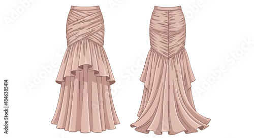 Elegant blush pink layered fishtail skirt with draped bodice shown from front and back perspectives ideal for fashion design