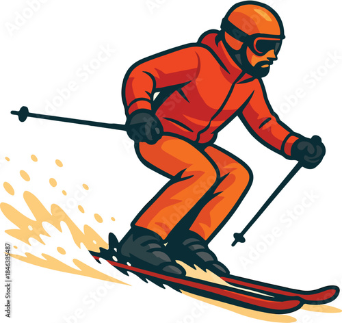 Skier in Orange Suit Descending Snowy Slope skiing