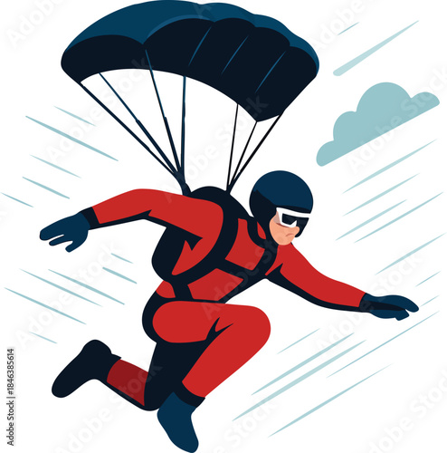 Skydiver with open parachute descending skydiving extreme sport
