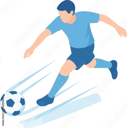 Soccer player kicking ball with blue motion lines on white background