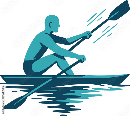 Stylized illustration of a person rowing a kayak on water