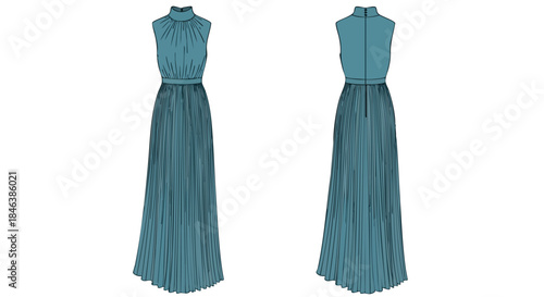 Detailed technical sketch showcasing an elegant teal pleated maxi dress design with high neckline and sleeveless silhouette