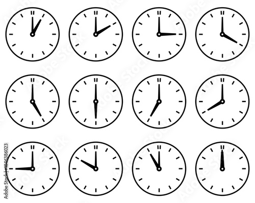 Wall clock icons set, Set of 12 minimalist round analog clocks showing all hours, with tick marks only, clean vector style, isolated on white background