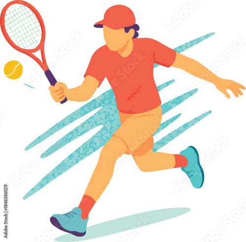 Tennis player hitting ball with racket on white background