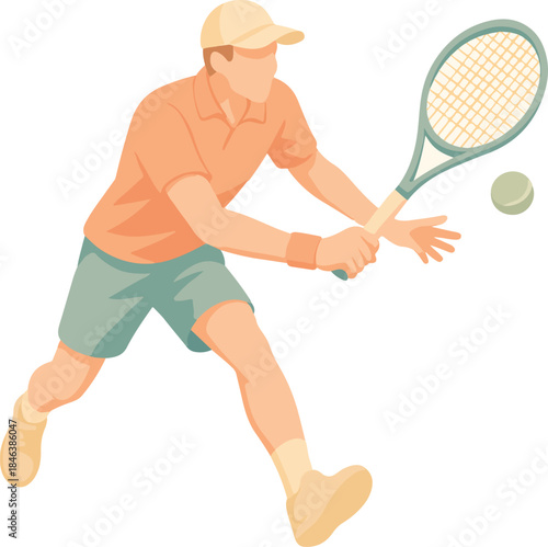 Tennis player in peach and green attire hitting ball