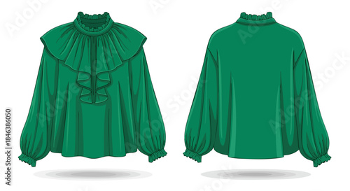 Emerald Green Ruffled Blouse Illustration: Front and Back View for Fashion Design and Apparel Mockups
