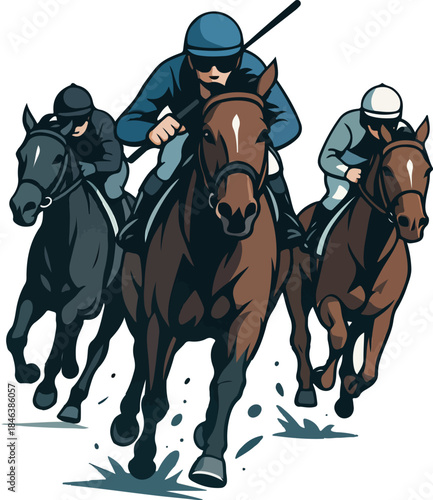 Three jockeys racing horses on white background horse racing