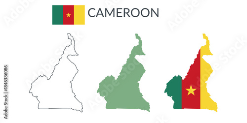 Cameroon geographical borders isolated on white background. Flag of Cameroon. Vector flat cliparts.