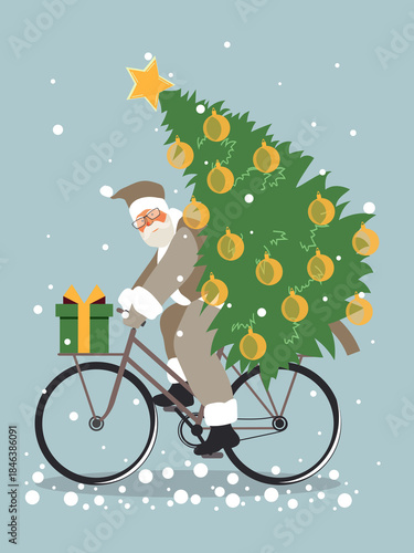 Christmas card with Santa on a bicycle carrying a Christmas tree and gifts during a snowfall. 