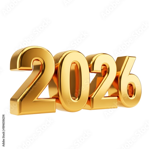 Golden 2026 Number Isolated on White Background 3D Rendering
