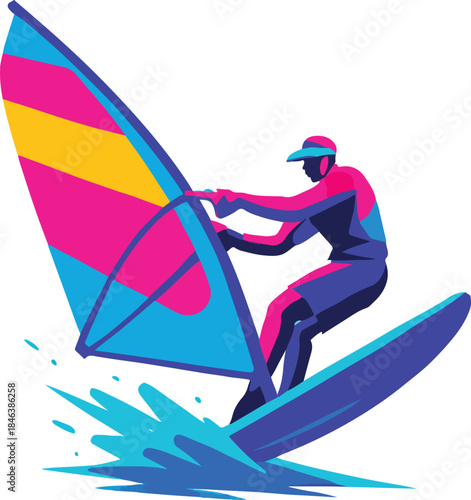 Windsurfer riding a wave with colorful sail windsurfing