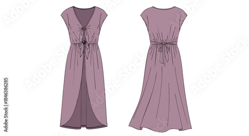 Elegant violet long dress sketch with a delicate knotted waist design showcasing front and back views for fashion illustration and design ideas