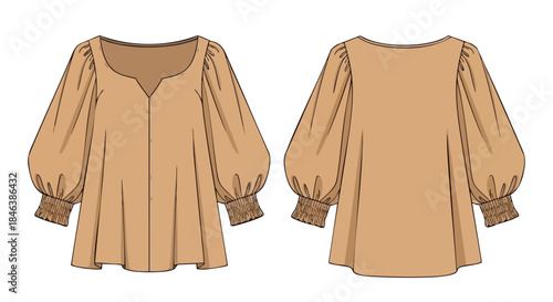 Illustration of a beige blouse with balloon sleeves, showcasing front and back design details for fashion reference or apparel design ideas