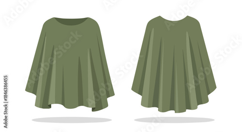 Front and Back View of a Stylish Olive Green Poncho Isolated on White Background Depicted with Detailed Folds and Subtle Shadows