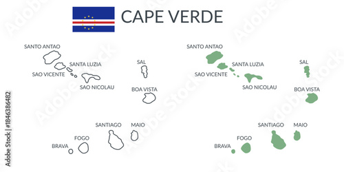 Cape Verde geographical borders isolated on white background. Flag of the Cape Verde. Vector flat cliparts.