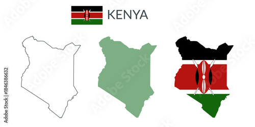 Kenya geographical borders isolated on white background. Flag of Kenya. Vector flat cliparts.