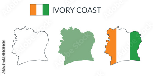 Ivory Coast geographical borders isolated on white background. Flag of Ivory Coast. Vector flat cliparts.