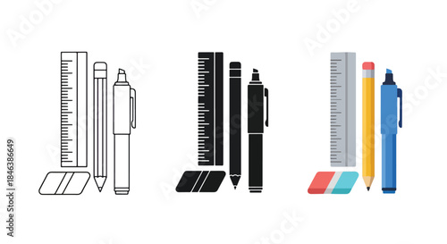 Stationery icon set - Line and glyph solid icon set - Solid icons vector collection - Blue icon set - Icon vector - Flat Design Icon