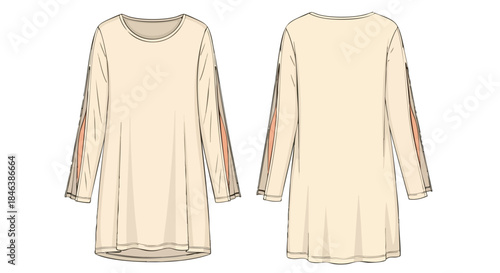 Technical fashion illustration of a beige long sleeve dress with sleeve slits, showcasing the front and back design for apparel design visualisation