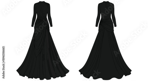 Dramatic black gown illustration with draped detailing, showing front and back view, perfect for design inspiration or fashion catalog