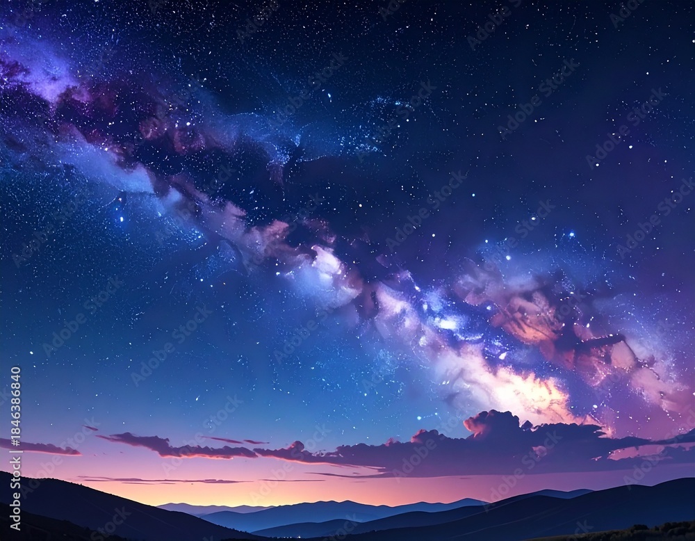 Fototapeta premium Vibrant Cosmic Nebula Streaks Across a Starry Night Sky Over Silhouetted Mountains