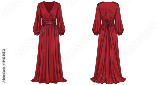 Elegant long sleeve deep red dress showcases the sophistication and classic design of formal wear ideal for fashion related concepts