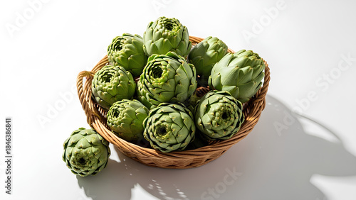 Healthy and nutritious fresh green artichokes presented in a charming rustic basket