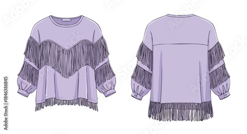 Fashionable lilac fringe tunic technical sketch showing front and back views for fashion design, highlighting the flow and movement of the fringe
