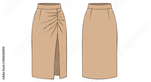Sophisticated Midi Skirt Fashion Illustration with Front Draped Detail and High Slit Design in Neutral Hue