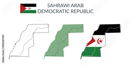 Sahrawi Arab Democratic Republic geographical borders isolated on white background. Flag of Sahrawi Arab Democratic Republic. Vector flat cliparts.