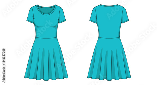 Turquoise Flared Dress Technical Drawing for Fashion Design and Pattern Making Illustration
