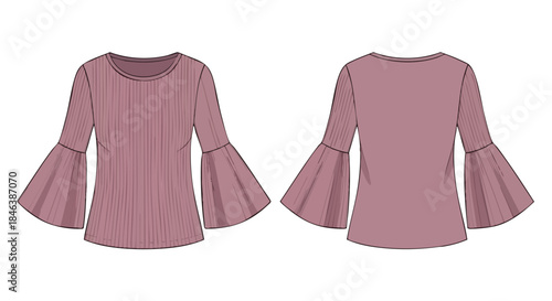 Technical fashion illustration: Women's blouse with flowing bell sleeves and ribbed texture, front and back view of stylish garment for apparel design