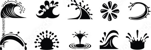 Water wave, splash, and droplet silhouette icon set vector illustration