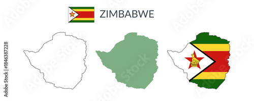 Zimbabwe geographical borders isolated on white background. Flag of Zimbabwe. Vector flat cliparts.