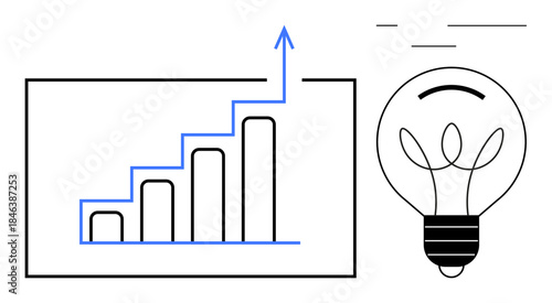 Business strategy, creative planning, innovation, progress, growth analysis, problem-solving. Graph showing upward trend and lightbulb icon. Business strategy and creative planning concept