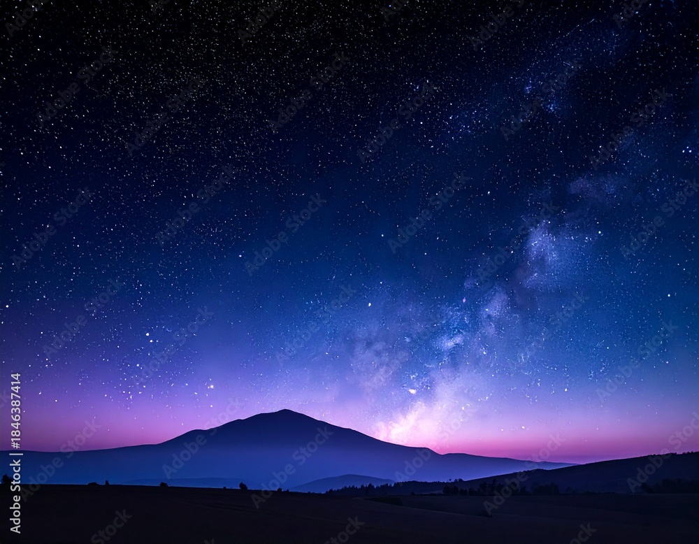 Fototapeta premium A breathtaking view of the Milky Way galaxy illuminating a serene mountain landscape under a starry night sky, showcasing the vastness of the cosmos