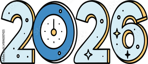 2026 numbers formed from tiny outlined clocks showing mid time, abstract time concept, countdown design, minimal clock pattern, modern typography, creative calendar illustration, futuristic year art