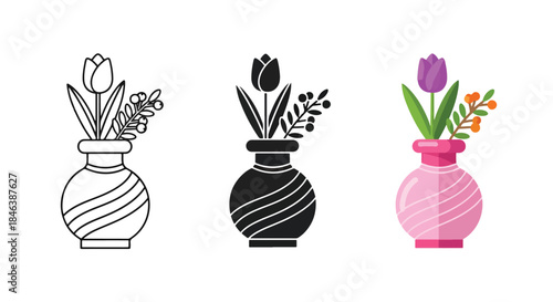 Flower vase icon set - Line and glyph solid icon set - Solid icons vector collection - Blue icon set - Icon vector - Flat Design Icon
