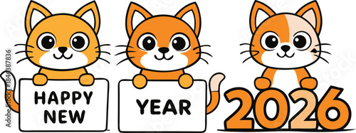 Happy New Year 2026 cute cats, playful kitten illustrations holding banners and gifts, joyful festive cartoon pet artwork, charming and cheerful holiday designs