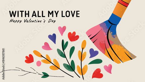Whimsical heart shapes lifting from colorful broom, valentine's day theme with vibrant floral elements and sweet message