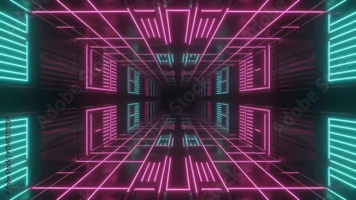 Vibrant Abstract Neon Light Tunnel with Futuristic Glowing Grid Patterns Creating a Dynamic Digital Corridor Experience