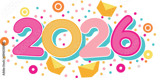 Minimal Flat Confetti Scattered Around 2026 on White Background, Clean Modern Celebration Design with Copy Space for New Year, Holiday, Event Banners, Templates, Greetings and Abstract Graphics