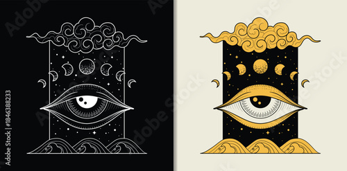 Engraved hand drawn eye in the sky with clouds wave and scattered stars